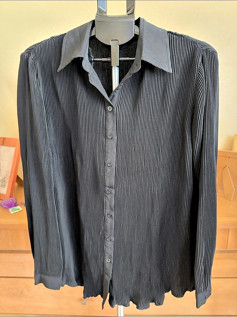 Pleated Button Down Shirt in Black Like New